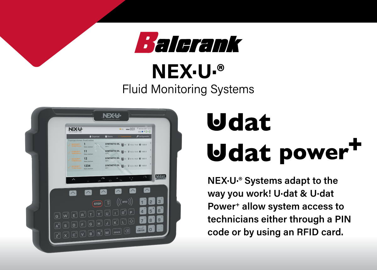 Balcrank - NEX·U·® Fluid Monitoring Systems - Photo of Balcrank U·dat electronic keypad - U·dat - U·dat Power+ - NEX·U·® Systems adapt to the way you work! U·dat & U·dat Power+ allow system access to technicians either through a PIN code or by using an RFID card.